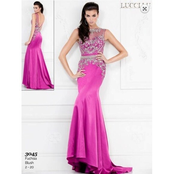 Lucci Lu Rhinestone Fitted Low Back Dress 3045 Fuchsia - Picture 1 of 7